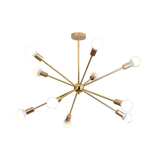 Modernist Metal Starburst Chandelier Light - 26"/38.5" Wide, Gold, 6/10/12 Lights - Hanging Ceiling Lamp with Bare Bulbs