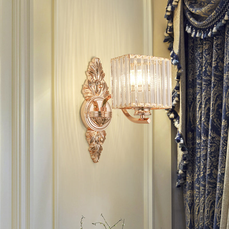 Contemporary Square Wall Sconce: Clear Crystal & Metal Carved Backplate Rose Gold
