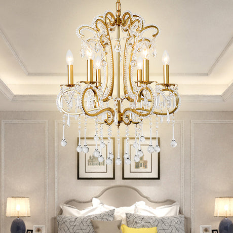 Vintage Gold Finish Crystal & Metal Pendant Light - 6-Light Suspension For Bedroom