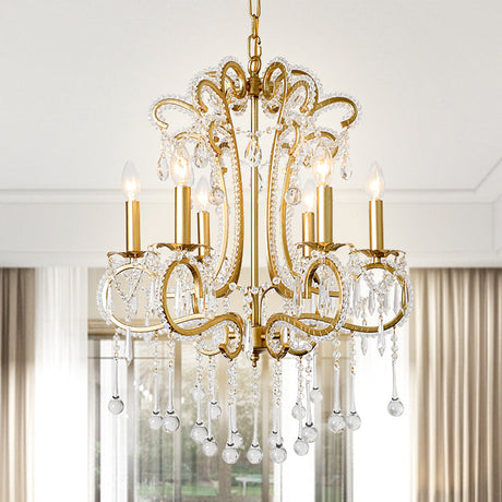 Vintage Gold Finish Crystal & Metal Pendant Light - 6-Light Suspension For Bedroom