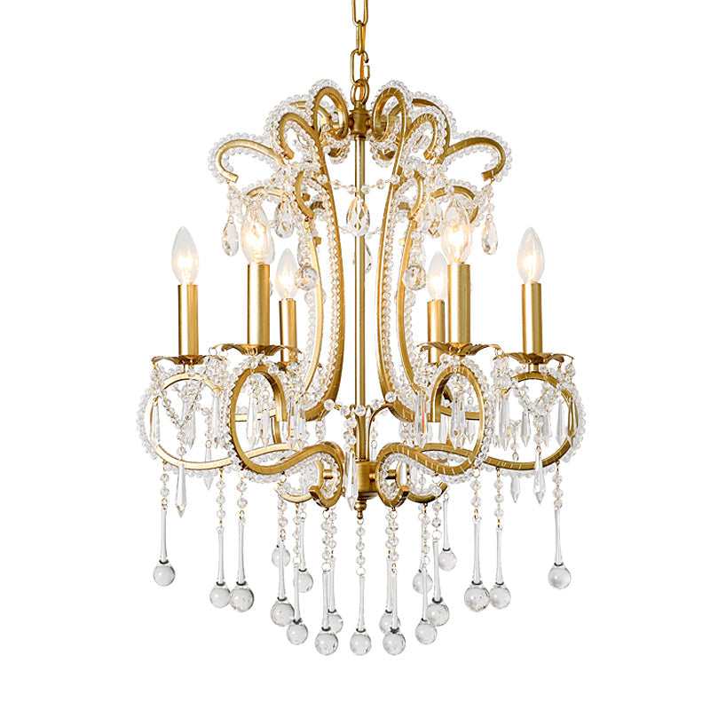 Vintage Crystal and Metal 6-Light Pendant for Bedroom with Gold Finish