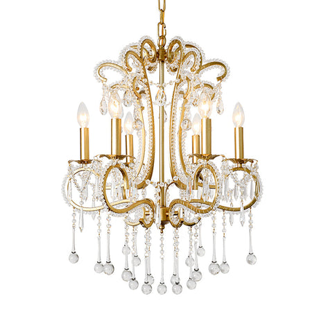 Vintage Gold Finish Crystal & Metal Pendant Light - 6-Light Suspension For Bedroom