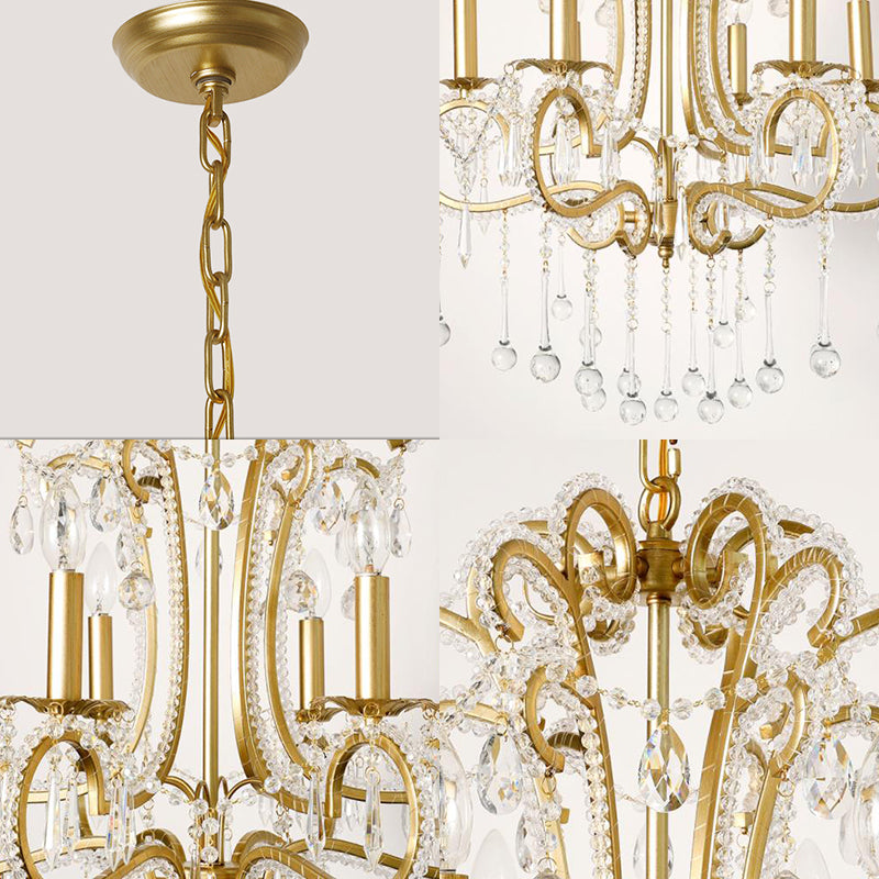 Vintage Gold Finish Crystal & Metal Pendant Light - 6-Light Suspension For Bedroom