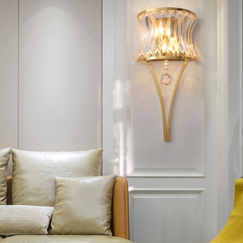 Golden Curved Metal Wall Sconce With Clear Crystal Prism Gold