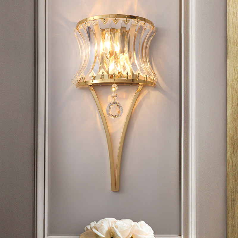 Golden Curved Metal Wall Sconce With Clear Crystal Prism