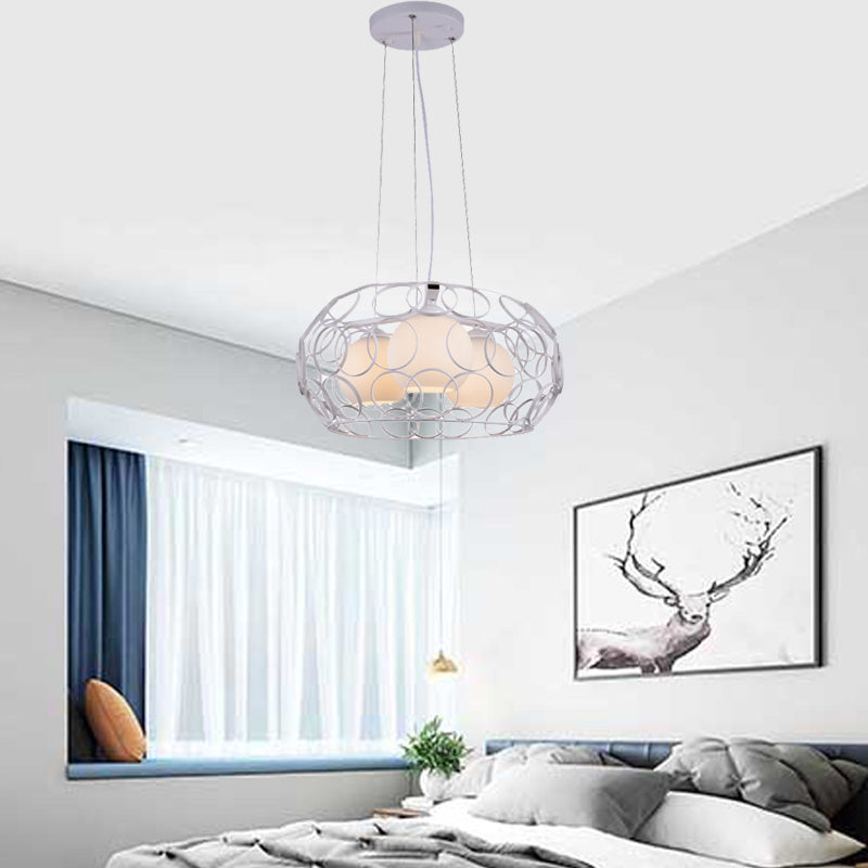 Contemporary Glass Chandelier - 3 White Lights With Cage Design