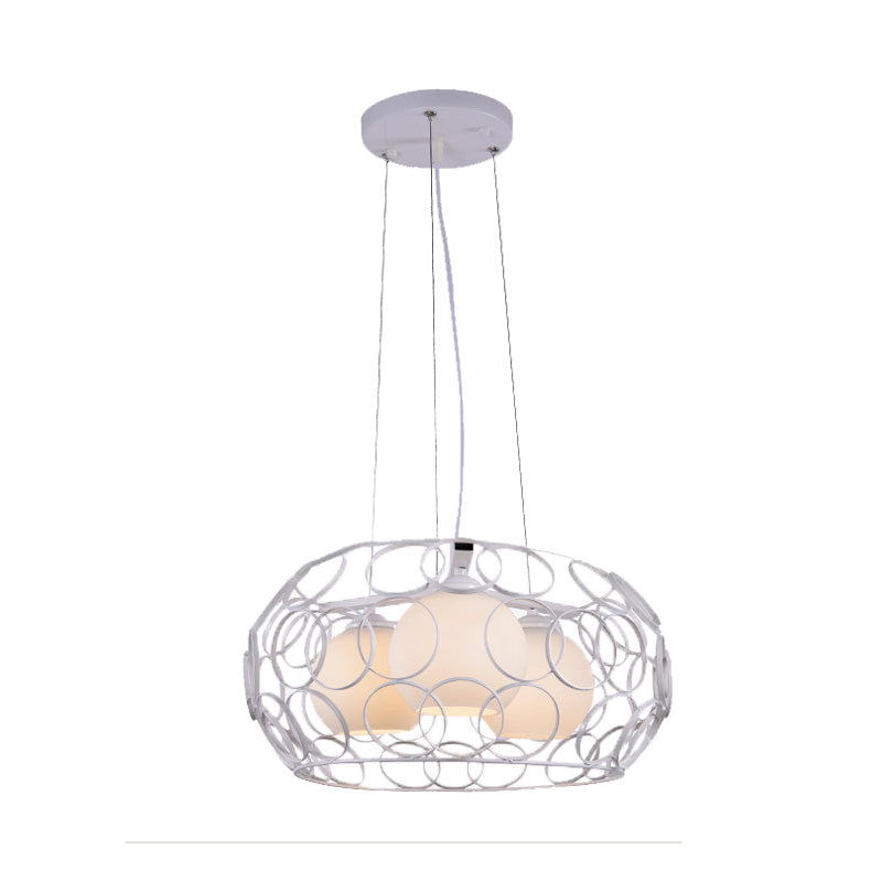Contemporary Glass Chandelier - 3 White Lights With Cage Design
