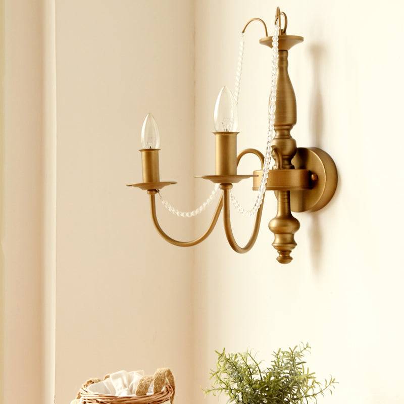 Vintage Style Brass Wall Sconce With Crystal Beads And 2 Bulbs / Candle