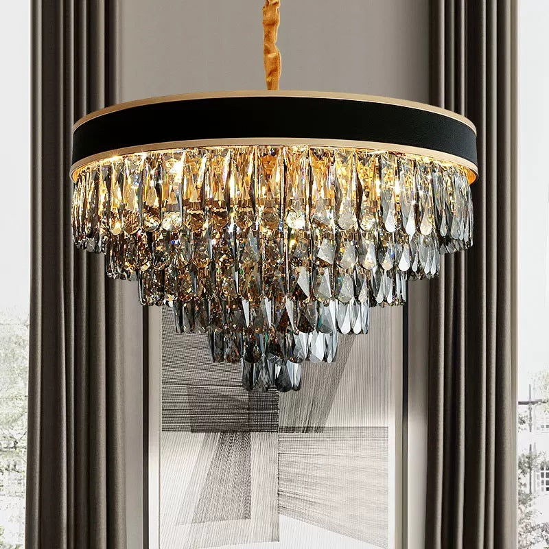 Modern Crystal Layered Chandelier - Smoke Grey 9/12 Lights Hanging Light Fixture