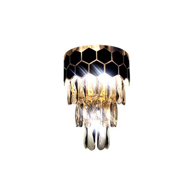 Tiered Wall Lamp With Crystal Block In Black - Modern Metal Lighting For Bedroom