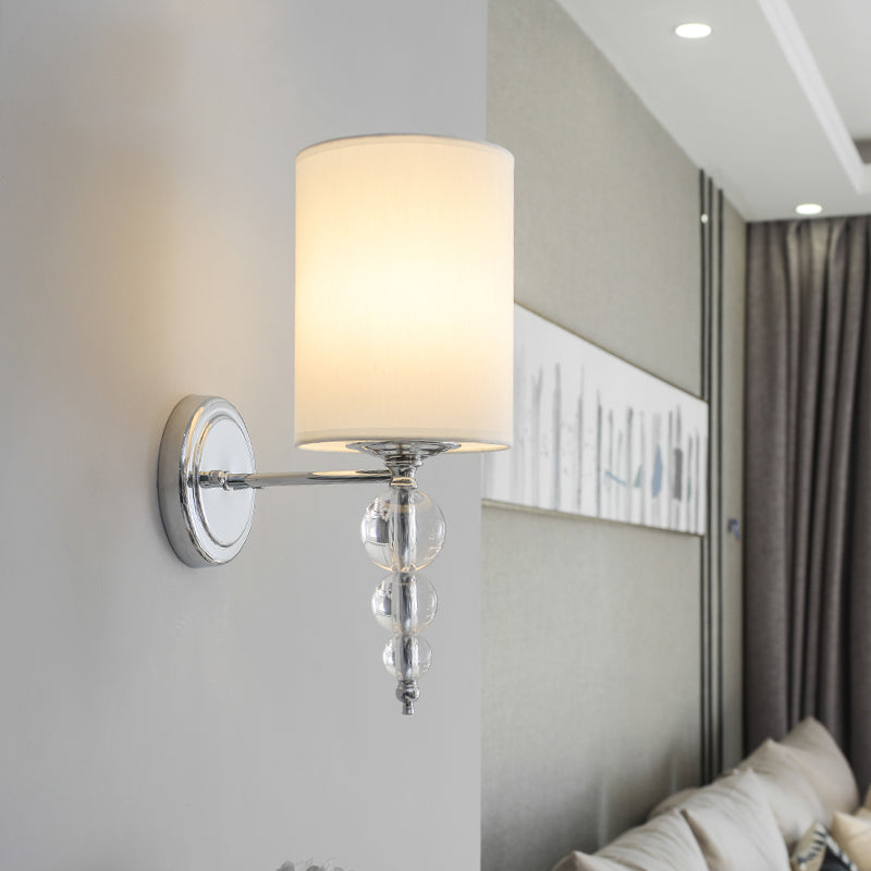 Modern Fabric And Metal Wall Lamp With Clear Crystal Ball Deco In Chrome - 1 Head Cylinder Shade