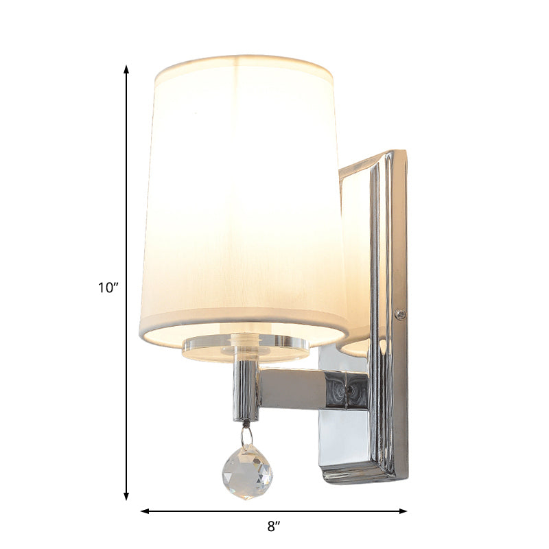 Modern Style Fabric Cone Wall Light With Crystal Ball Deco - 1 Head Chrome Sconce