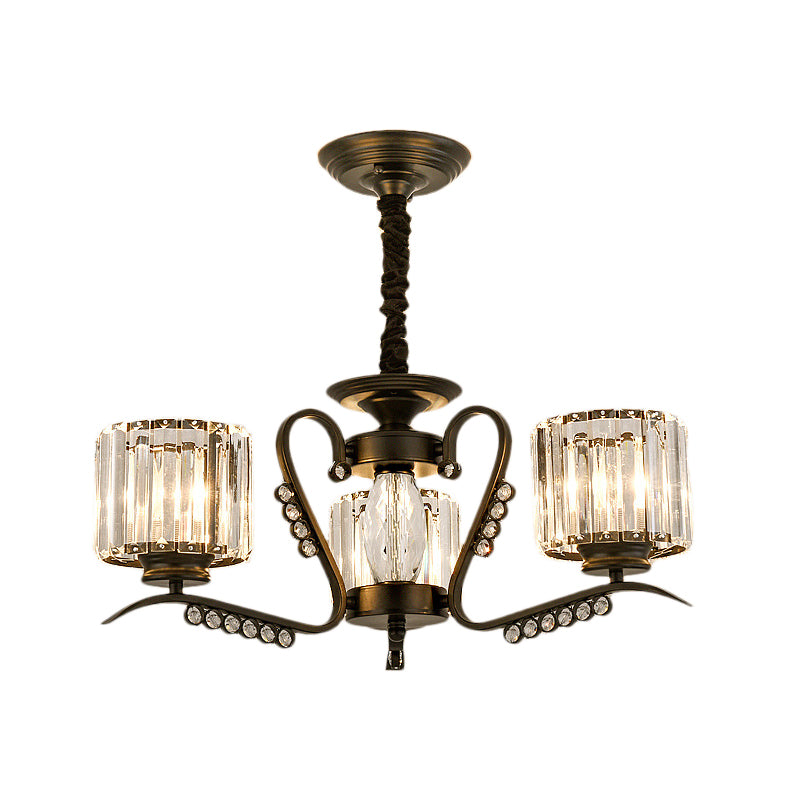 Vintage Style Black Crystal Drum Chandelier - 3/5 Head Suspension Lamp for Dining Room