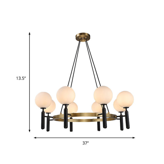 Modern White Glass Sphere Chandelier with Circular Design - 8 Lights - Black Hanging Fixture