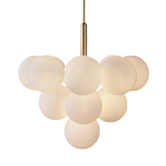 Contemporary White Glass Chandelier Lamp – 5/13 Lights Brass Pendant Light with Spherical Design