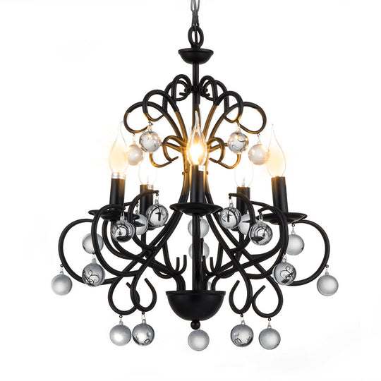 Vintage Style Metal Chandelier Lamp - Elegant 5-Light Suspension Light with Clear Crystal Ball - Black Finish for Dining Room