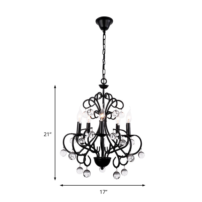 Vintage Style Black Metal Chandelier Lamp With 5 Lights - Dining Room Suspension Light Crystal Ball