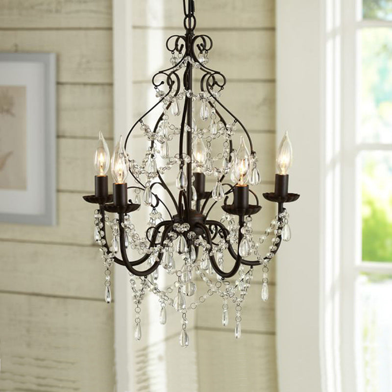 Industrial Crystal Chandelier Light: 5-Bulb Pendant Lamp with Flameless Candle, Black Finish