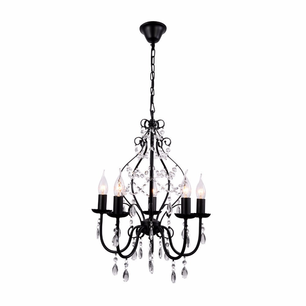 Industrial Crystal Chandelier Light: 5-Bulb Pendant Lamp with Flameless Candle, Black Finish
