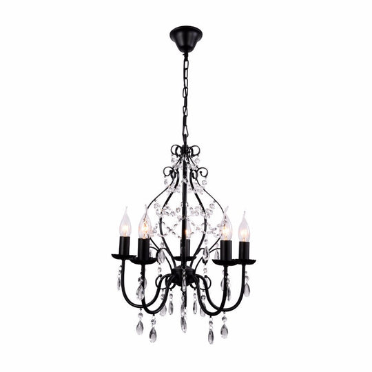 5-Bulb Crystal Chandelier Pendant Lamp With Flameless Candle In Industrial Black