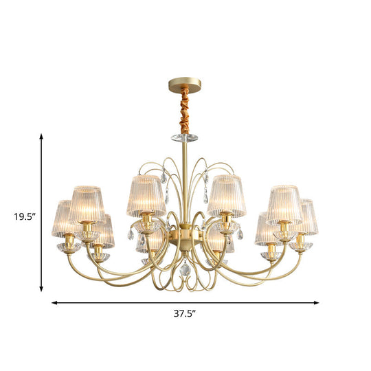 Modern Gold Cone Chandelier Lamp With Clear Ribbed Glass - 6/8/10 Lights Ideal For Living Room