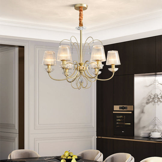 Modern Gold Cone Chandelier Lamp With Clear Ribbed Glass - 6/8/10 Lights Ideal For Living Room 6 /