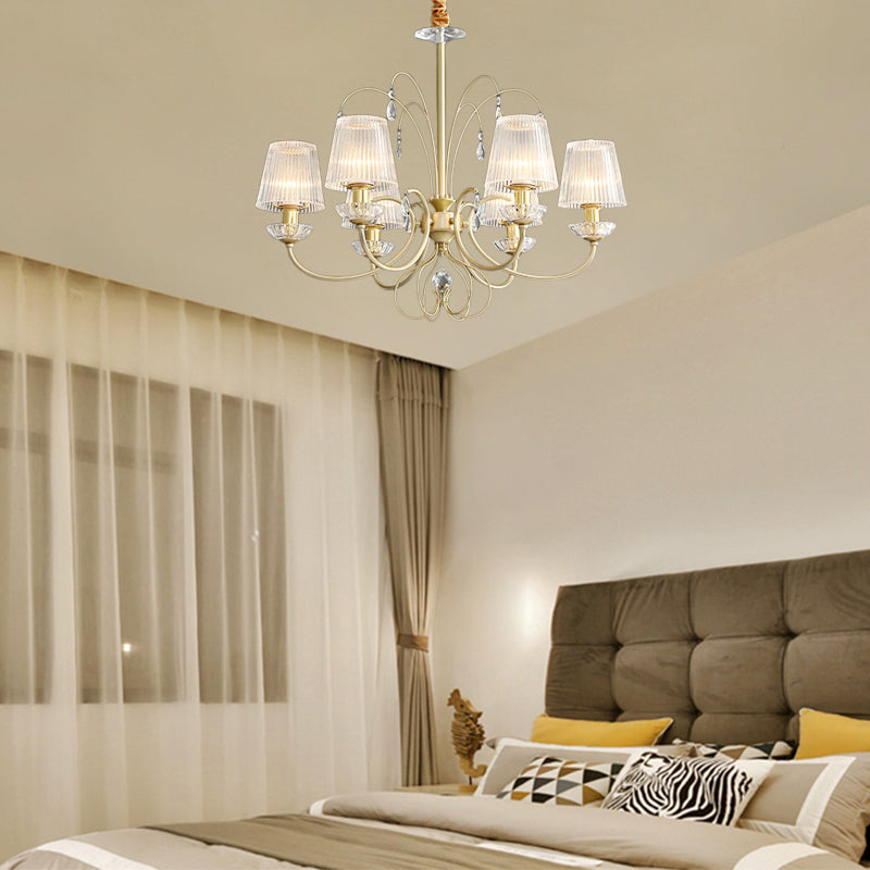 Modern Gold Cone Chandelier Lamp With Clear Ribbed Glass - 6/8/10 Lights Ideal For Living Room