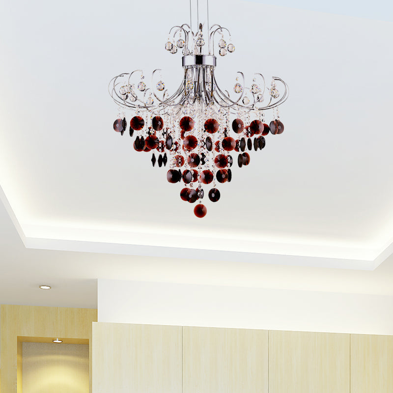 Burgundy Crystal Pendant Light With Chrome Beaded Chandelier - Modern 4-Light Lamp For Bedroom