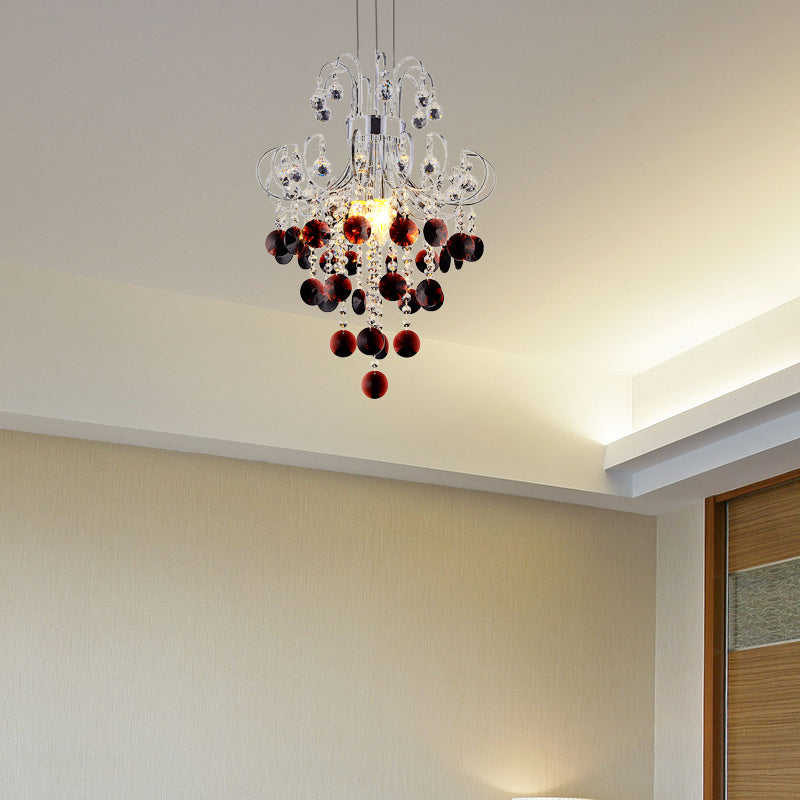 Burgundy Crystal Pendant Light With Chrome Beaded Chandelier - Modern 4-Light Lamp For Bedroom / 16
