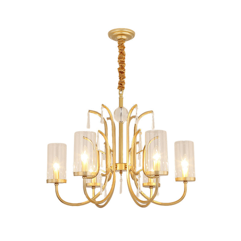 Gold Finish Modernism Clear Glass Cylinder Pendant Light Chandelier With Crystal Accents