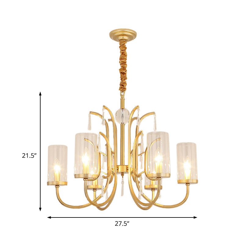 Gold Finish Modernism Clear Glass Cylinder Pendant Light Chandelier With Crystal Accents
