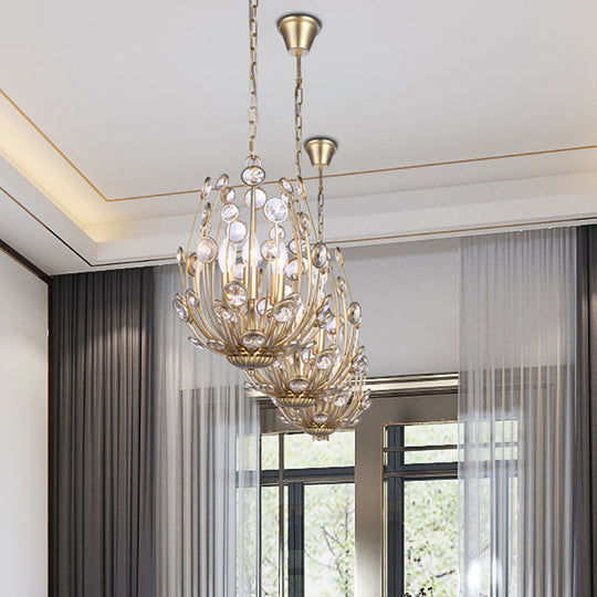Gold Floral Chandelier With 3 Lights - Modern Style Metal And Crystal Hanging Fixture For Dining