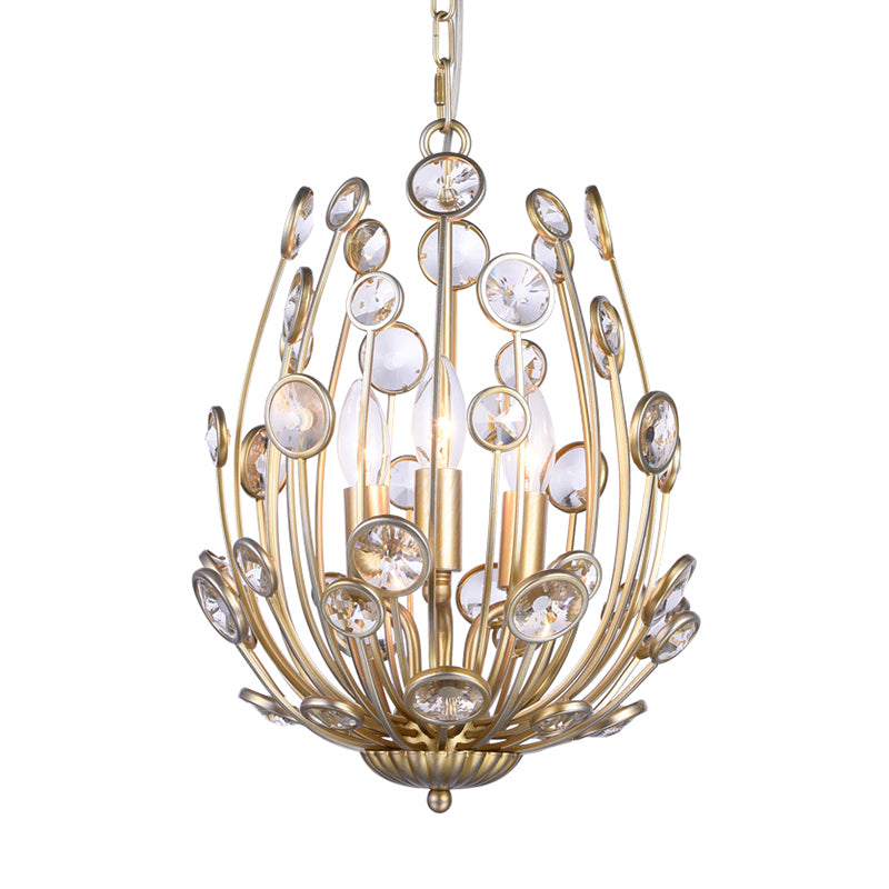 Gold Floral Chandelier With 3 Lights - Modern Style Metal And Crystal Hanging Fixture For Dining
