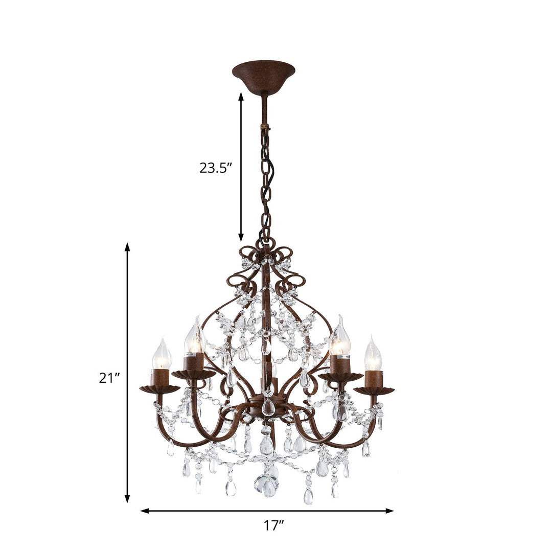 Antique Style Candle Pendant Chandelier Light with Clear Crystal Strands - 5 Lights, Dark Rust Finish - Ideal for Foyer