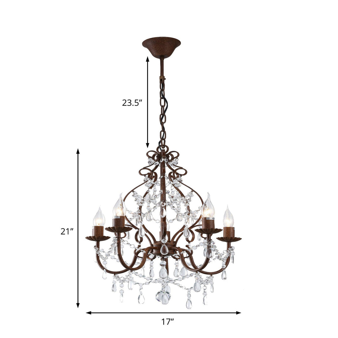 Antique Style Crystal Chandelier - 5 Light Pendant Lamp Dark Rust Finish Ideal For Foyer