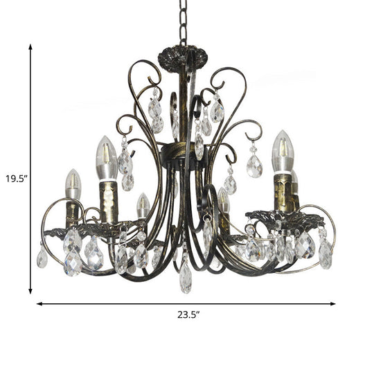 Rustic Candle Chandelier: Wrought Iron 6-Light Suspension Lamp with Crystal Accent - Brass Finish
