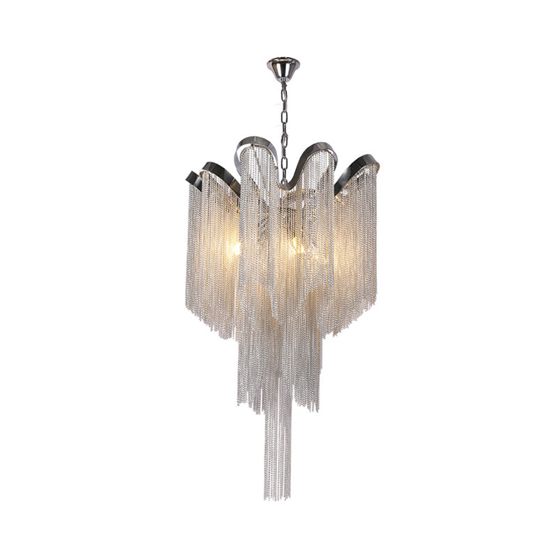 Modern Nordic Style Silver Chandelier with Tassel Metal Accents - 4-Light Hanging Ceiling Fixture