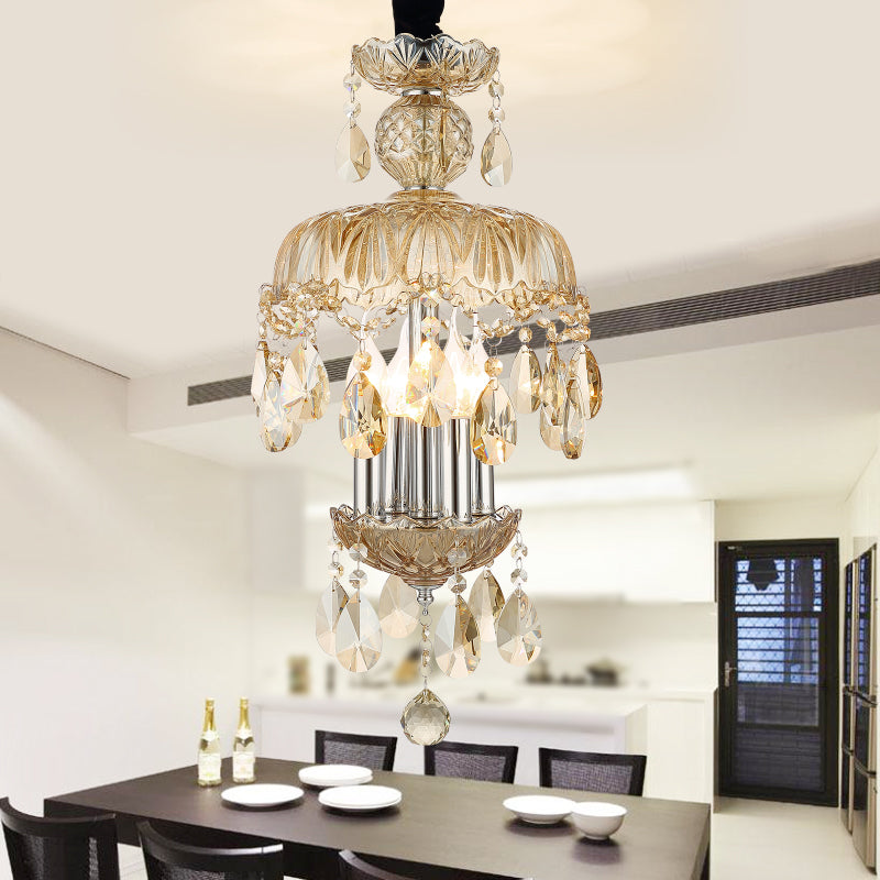 Vintage Style Crystal Teardrop Pendant Light with Amber Glass Shade - 4-Light Ceiling Fixture