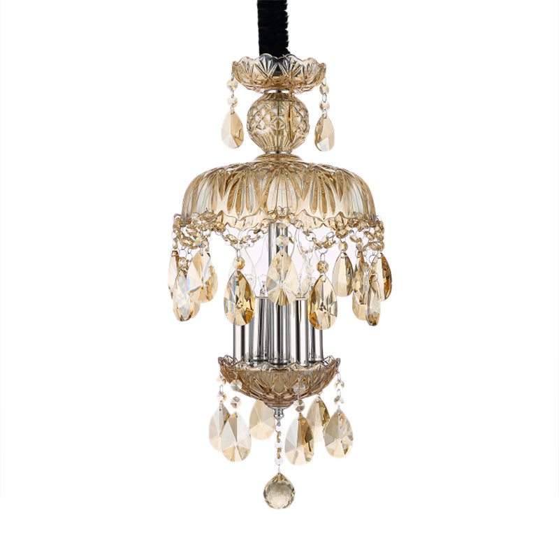 Vintage Style Crystal Teardrop Pendant Light with Amber Glass Shade - 4-Light Ceiling Fixture