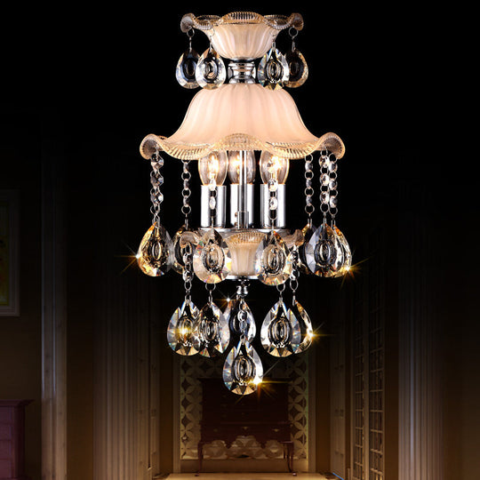 Modern Frosted Glass Ceiling Chandelier with Crystal Deco – Ruffled Edge Hanging Lamp in Champagne