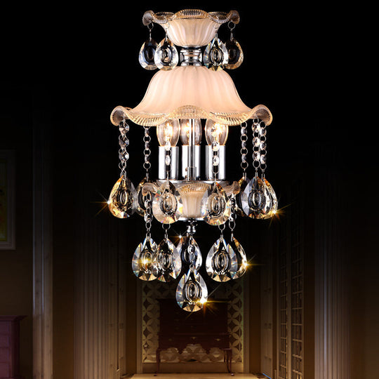 Modern Frosted Glass Ceiling Chandelier With Clear Crystal Deco And Ruffled Edge Champagne