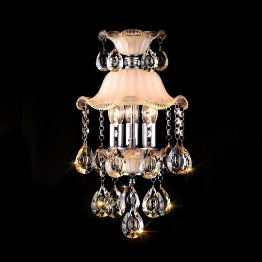 Modern Frosted Glass Ceiling Chandelier with Crystal Deco – Ruffled Edge Hanging Lamp in Champagne