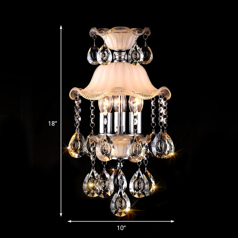 Modern Frosted Glass Ceiling Chandelier With Clear Crystal Deco And Ruffled Edge