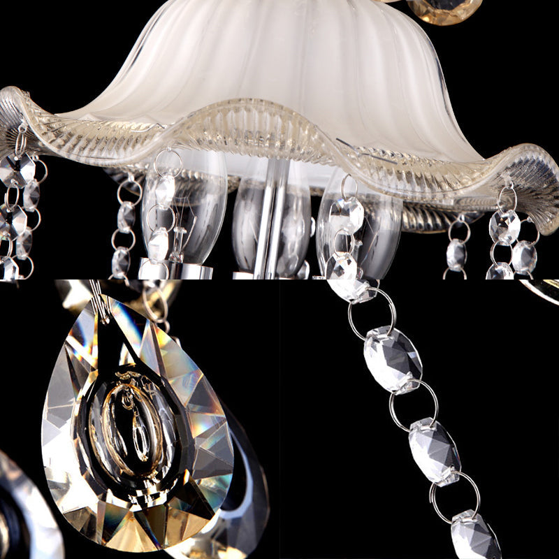 Modern Frosted Glass Ceiling Chandelier With Clear Crystal Deco And Ruffled Edge