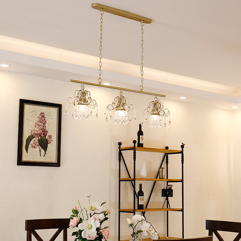 Champagne Vintage-Style Crystal & Metal Pendant Light: 3-Light Island Lighting For Living Room