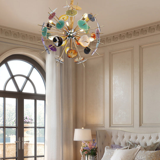 Gold Art Deco Flower Chandelier With 12 Agate Lights