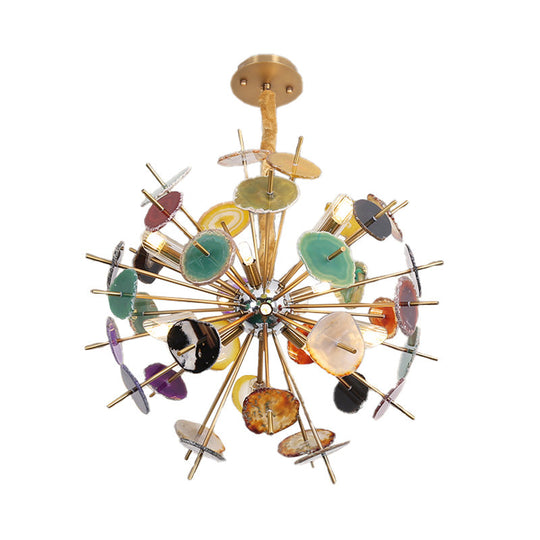 Gold Art Deco Flower Chandelier With 12 Agate Lights