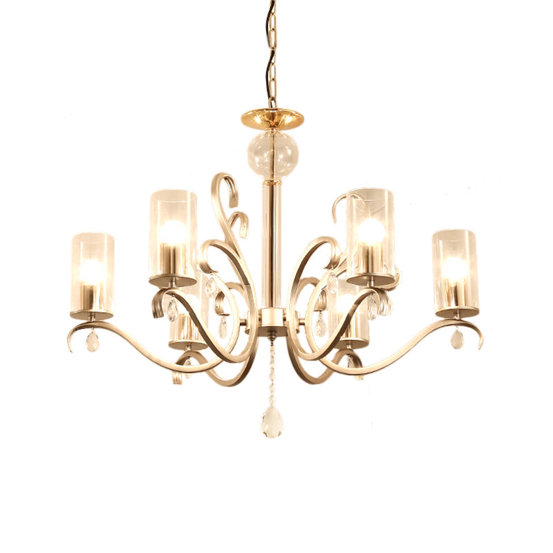 Vintage-Style Cylindrical Chandelier Light with Clear Glass - 6/8 Lights & Crystal Drop - Champagne