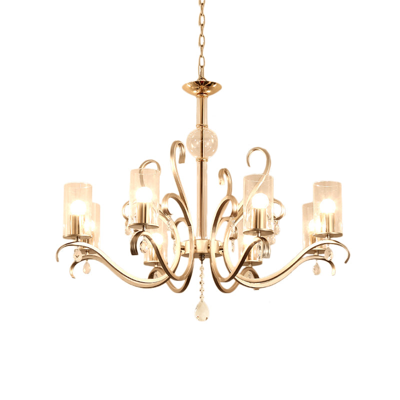 Vintage-Style Cylindrical Chandelier Light with Clear Glass - 6/8 Lights & Crystal Drop - Champagne