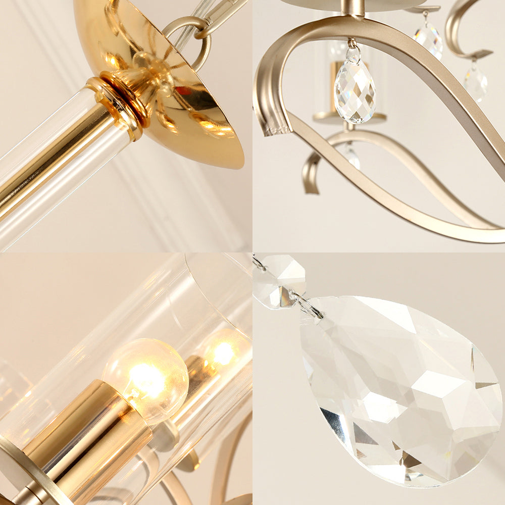 Vintage Cylindrical Chandelier Light In Clear Glass With Crystal Drop - 6/8 Lights Champagne
